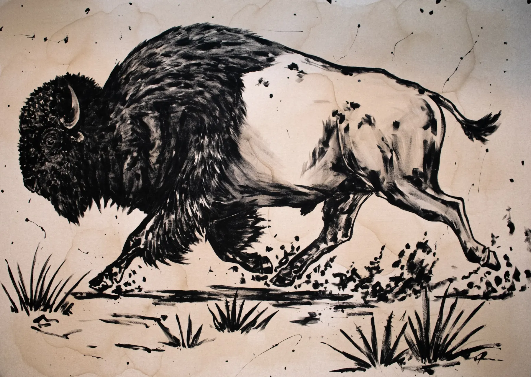 Bison in expressive black ink on natural linen